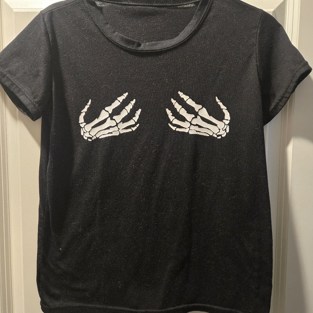 Black T-Shirt with Skeleton Hand Design